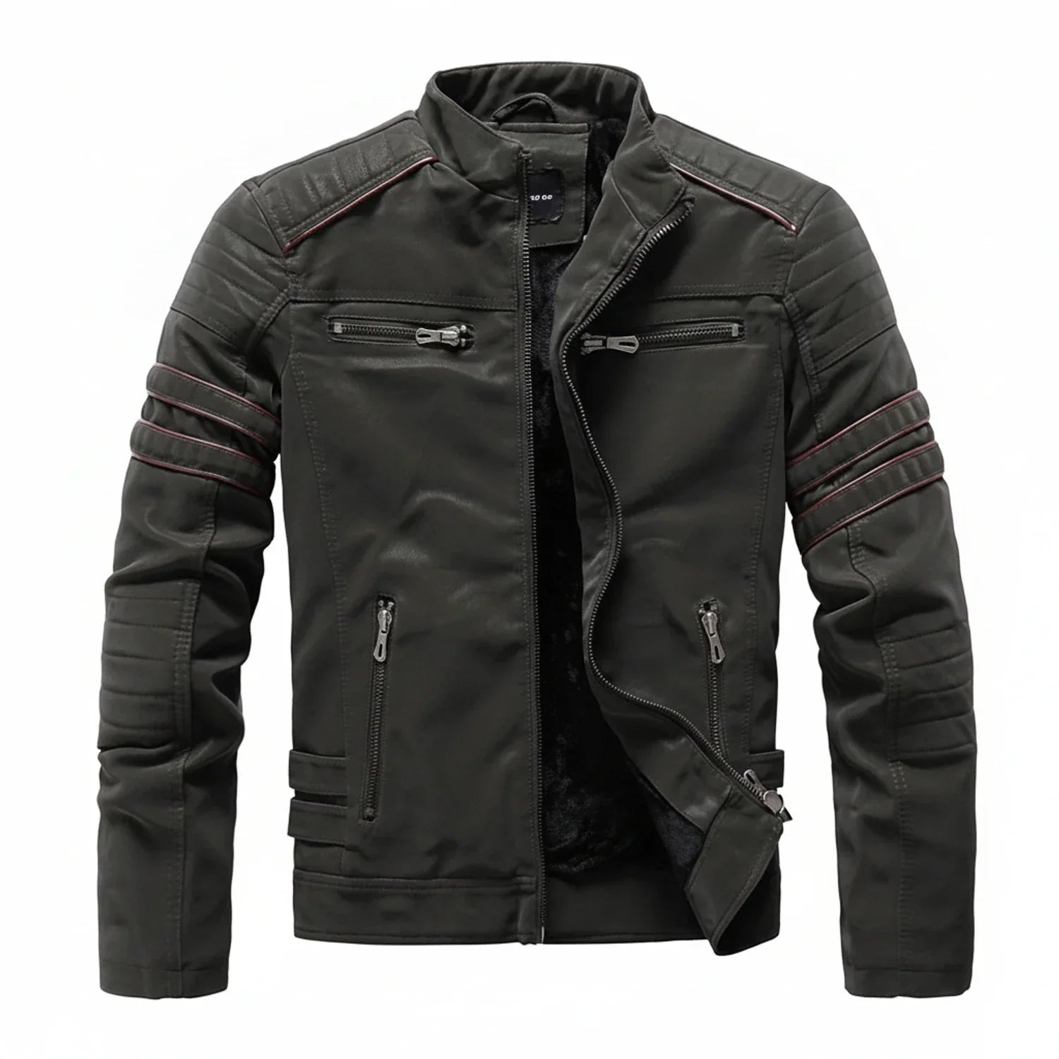 Men's black biker jacket with stand collar and quilted shoulders for urban everyday style