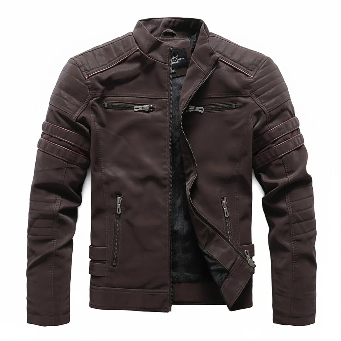 Black men's biker jacket with stand collar, quilted shoulders, and edgy motorcycle-inspired silhouette