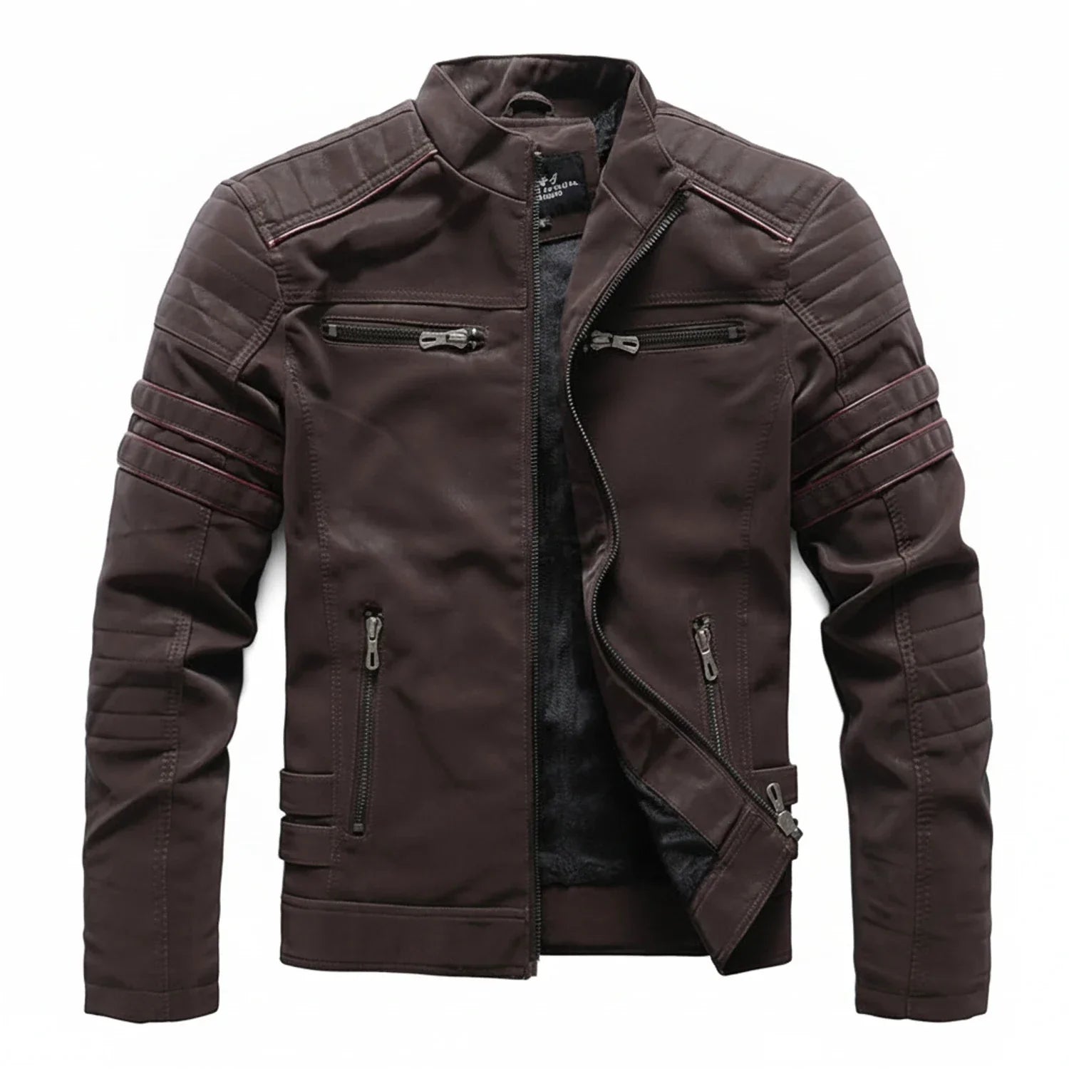 Black men's biker jacket with stand collar, quilted shoulders, and edgy motorcycle-inspired silhouette