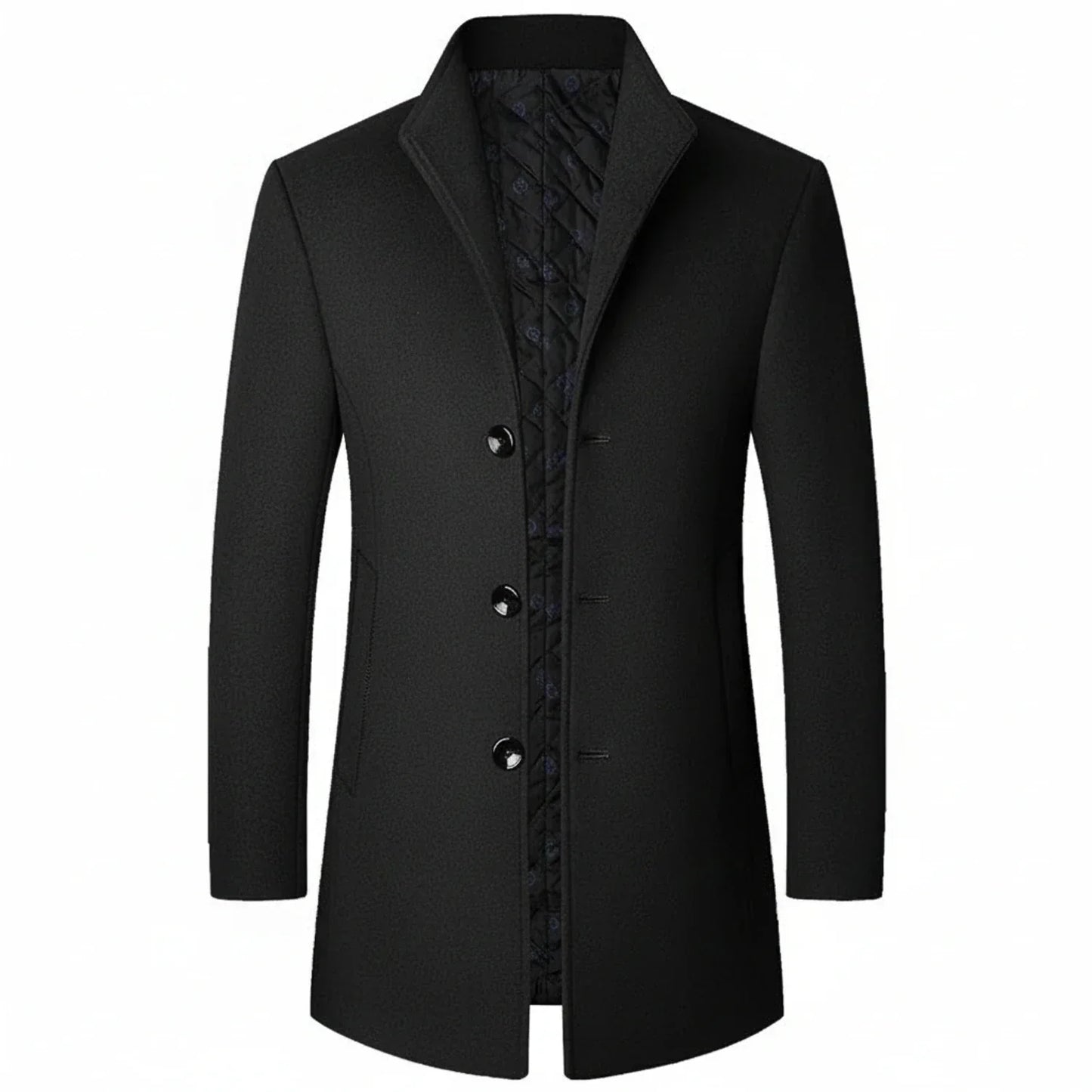Men's charcoal wool blend mid-length overcoat three-button notch lapel formal professional fit