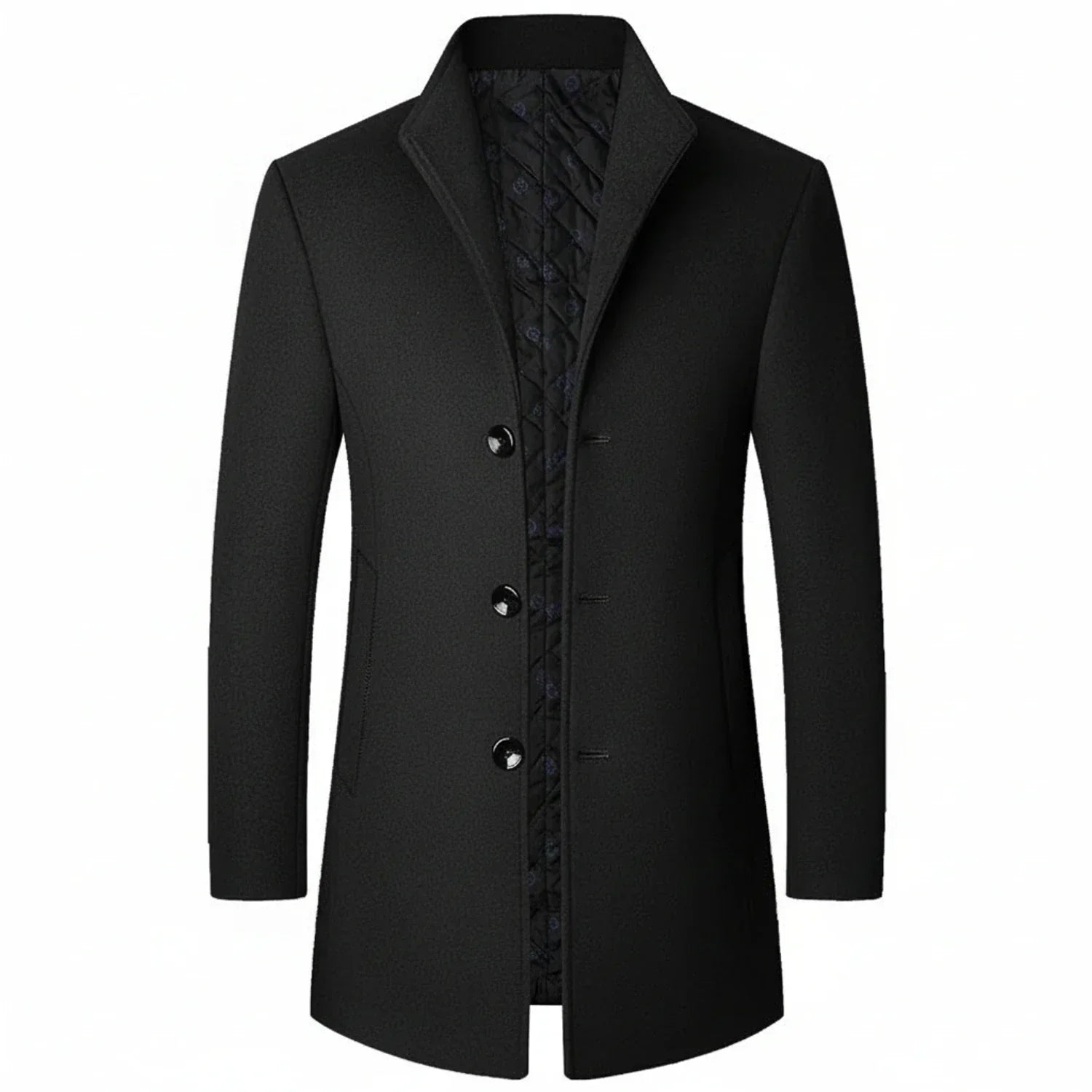 Men's charcoal wool blend mid-length overcoat three-button notch lapel formal professional fit