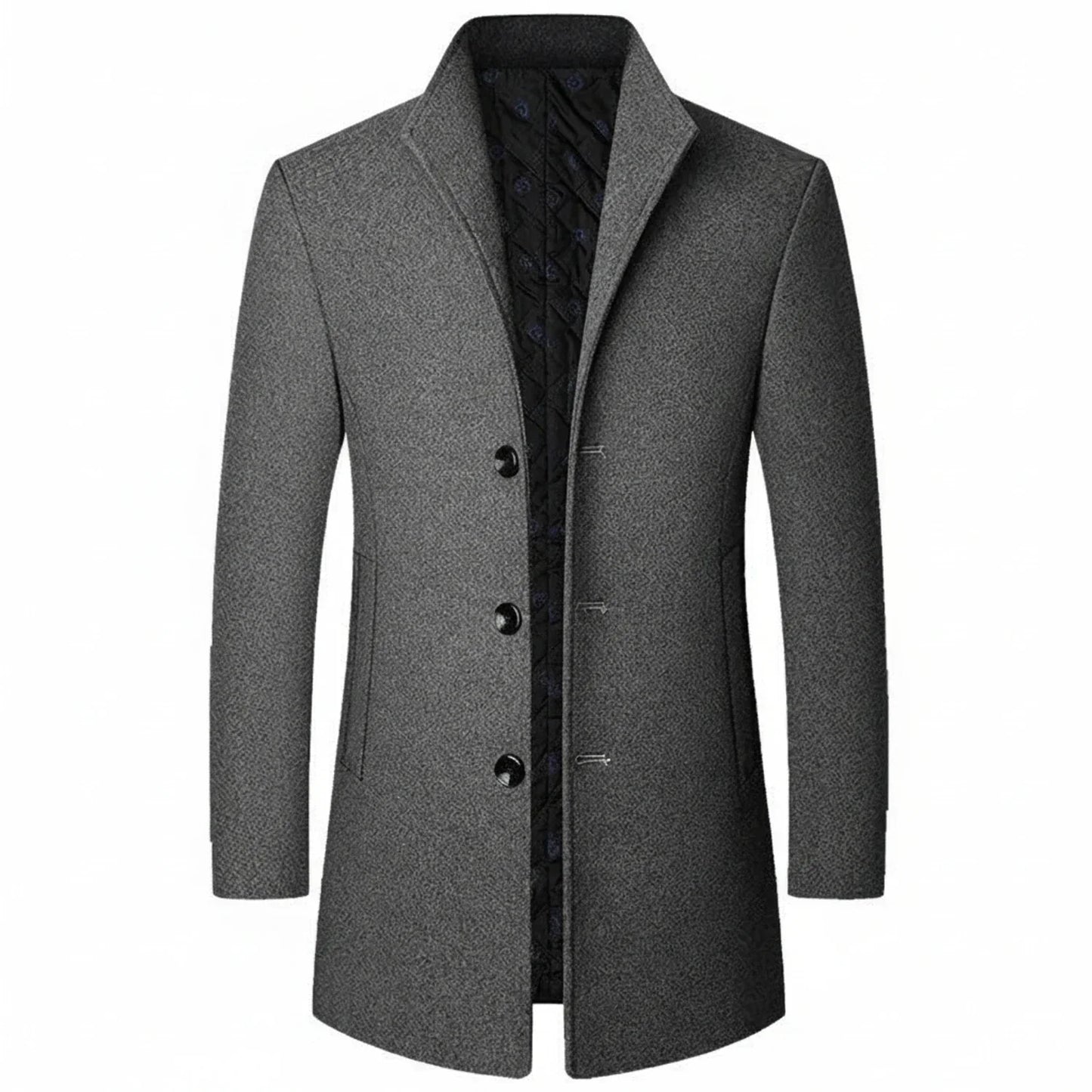 Men's charcoal wool blend mid-length overcoat three-button notch lapel formal professional style