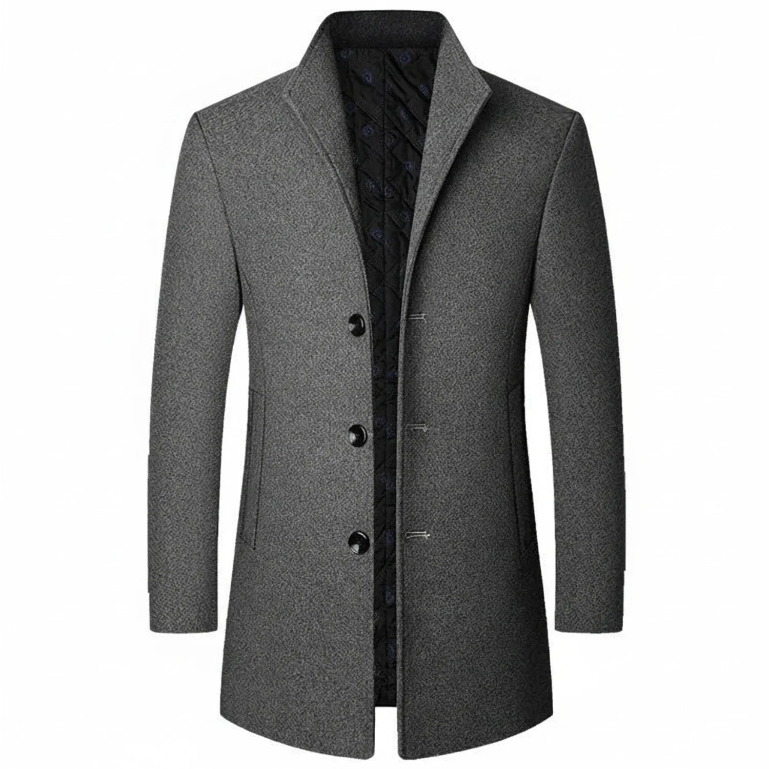 Men's charcoal wool blend mid-length overcoat three-button notch lapel formal professional style