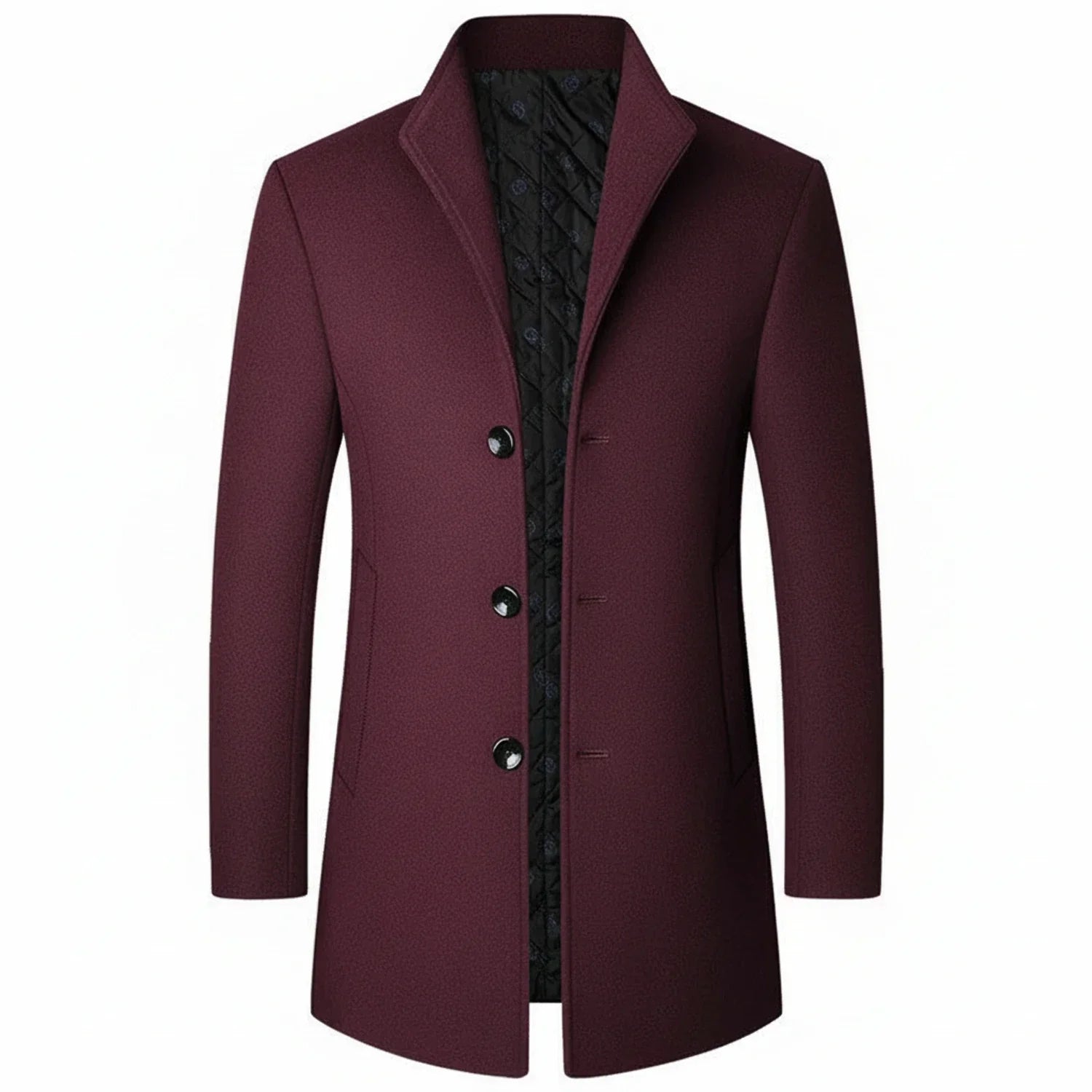Men's charcoal wool blend mid-length overcoat three-button notch lapel formal professional style