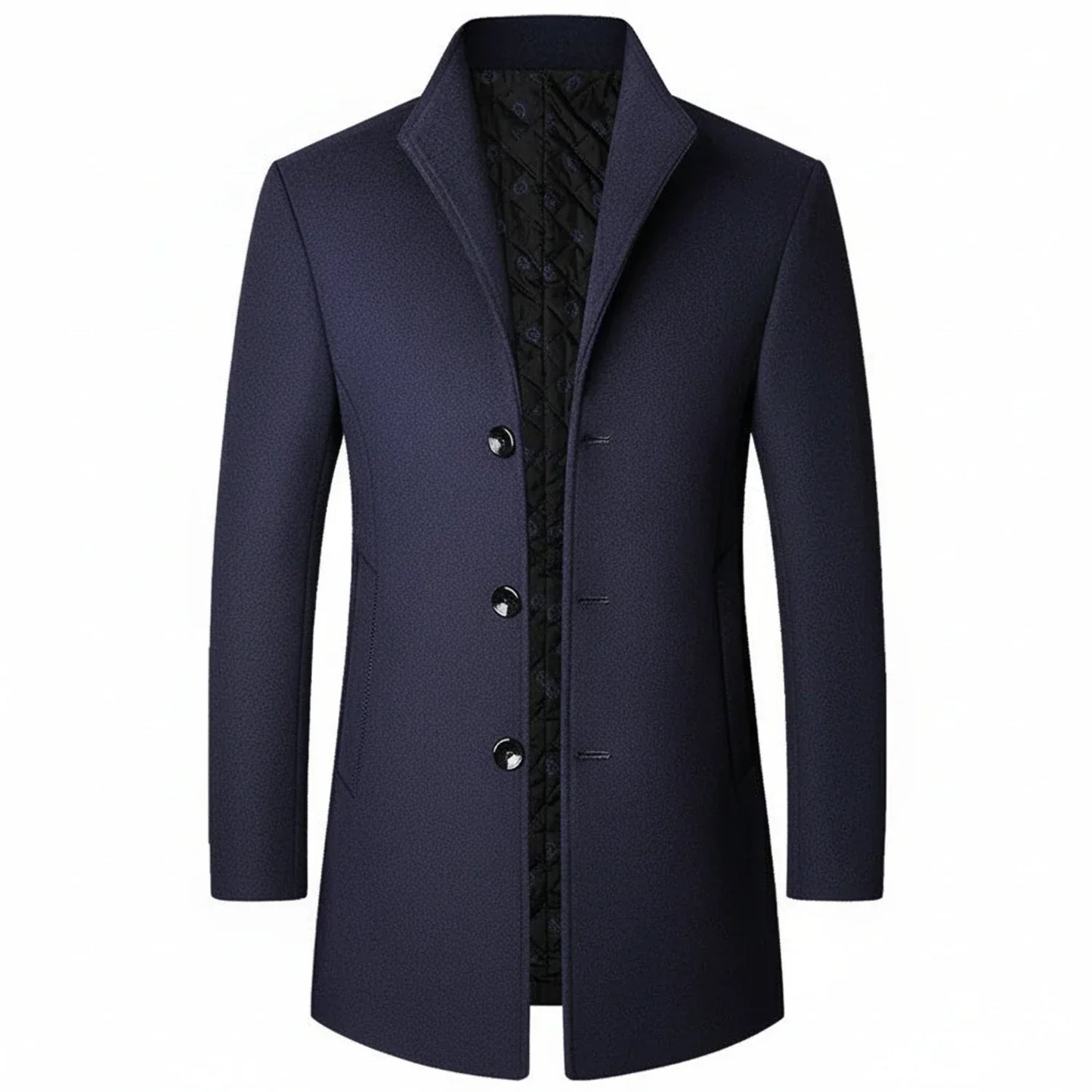 Men's charcoal wool blend mid-length formal overcoat with three-button closure and notch lapel