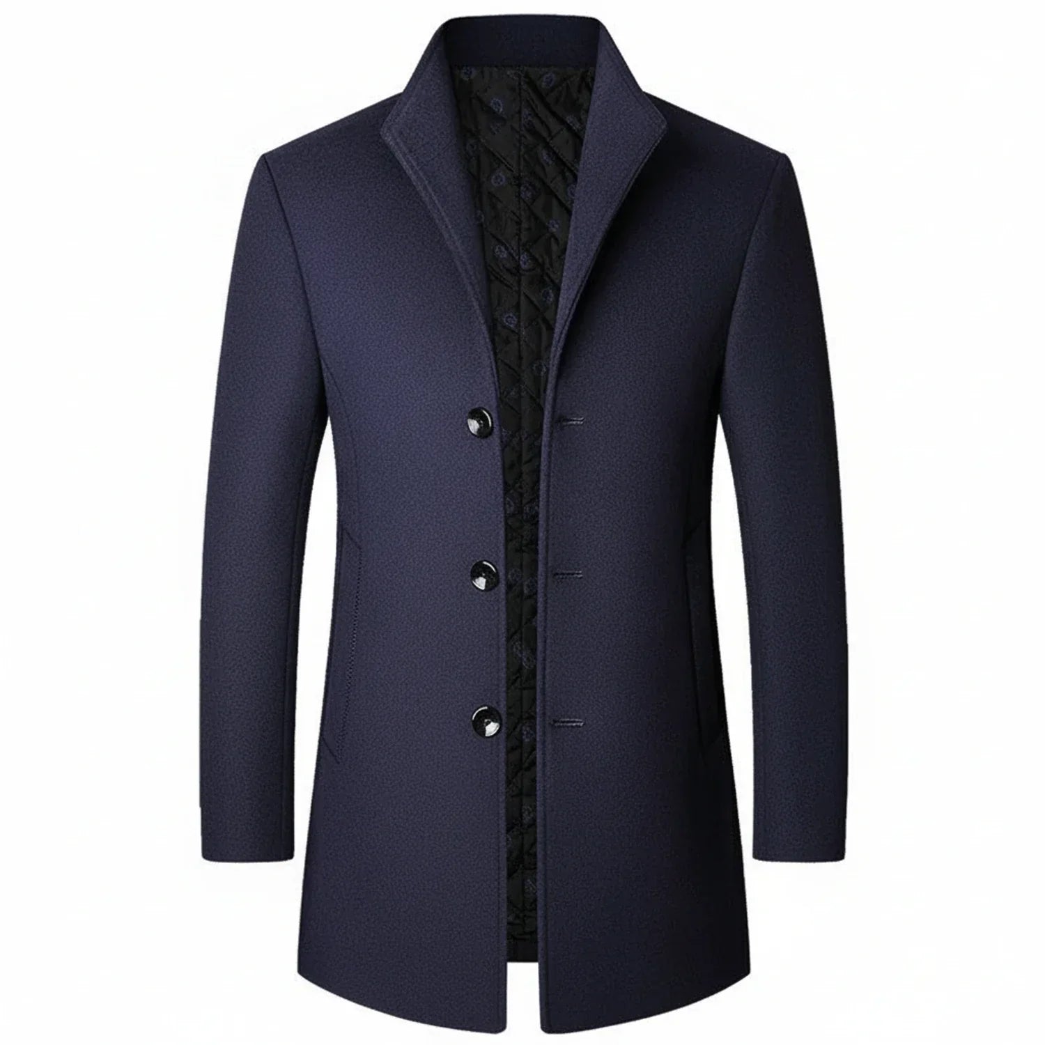 Men's charcoal wool blend mid-length formal overcoat with three-button closure and notch lapel