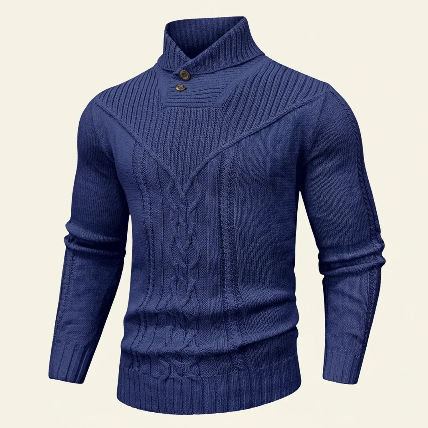 Men's cable knit shawl collar pullover sweater with button placket, textured chest pattern