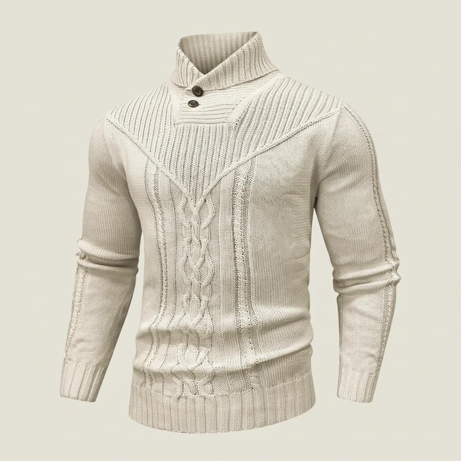 Men's cable knit shawl collar pullover sweater with button placket, classic layering style