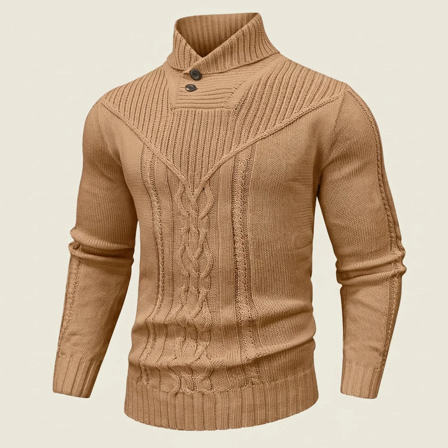 Men's cable knit shawl collar pullover sweater with button placket, classic layering warmth style