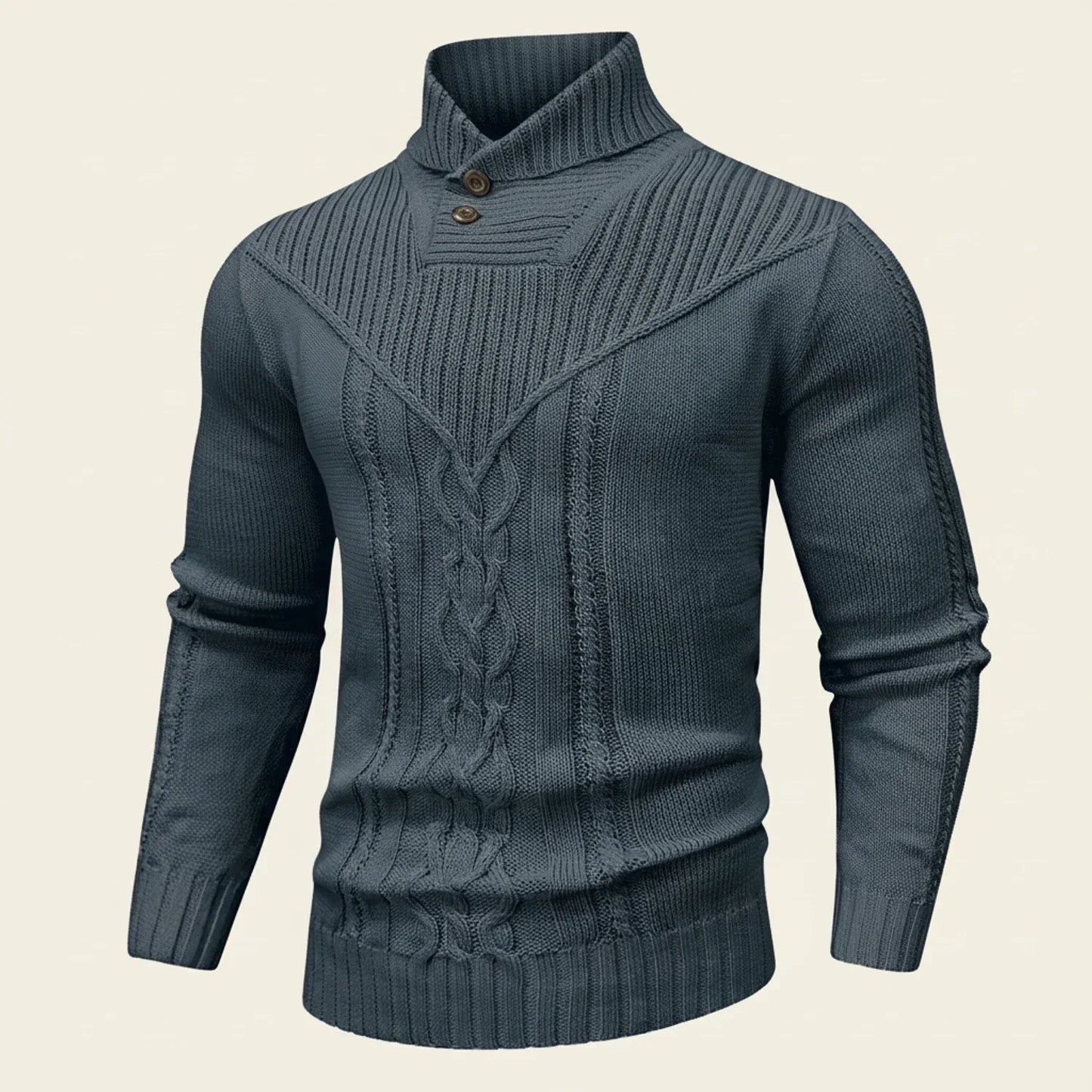 Men's cable knit shawl collar pullover sweater with button placket, classic layering style