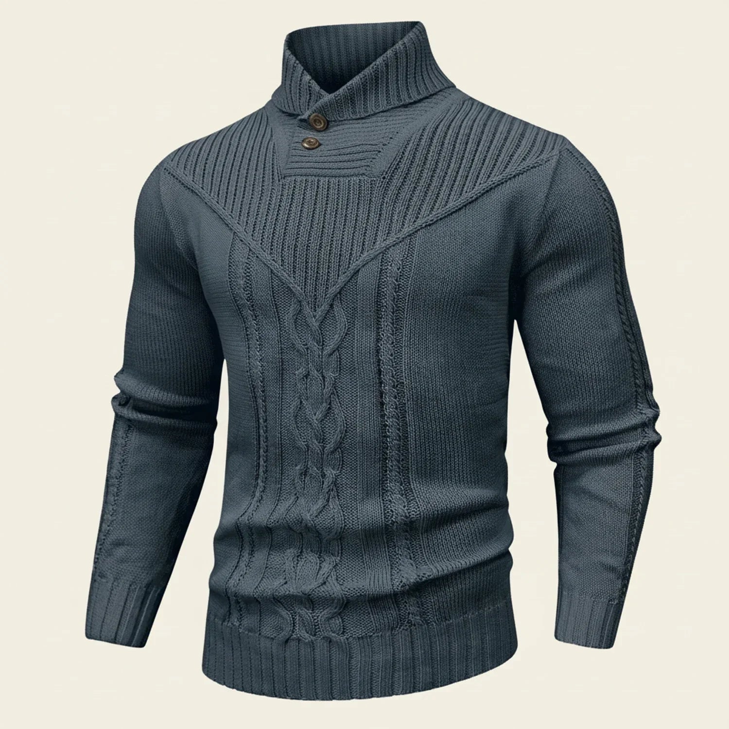 Men's cable knit shawl collar pullover sweater with button placket, classic layering style
