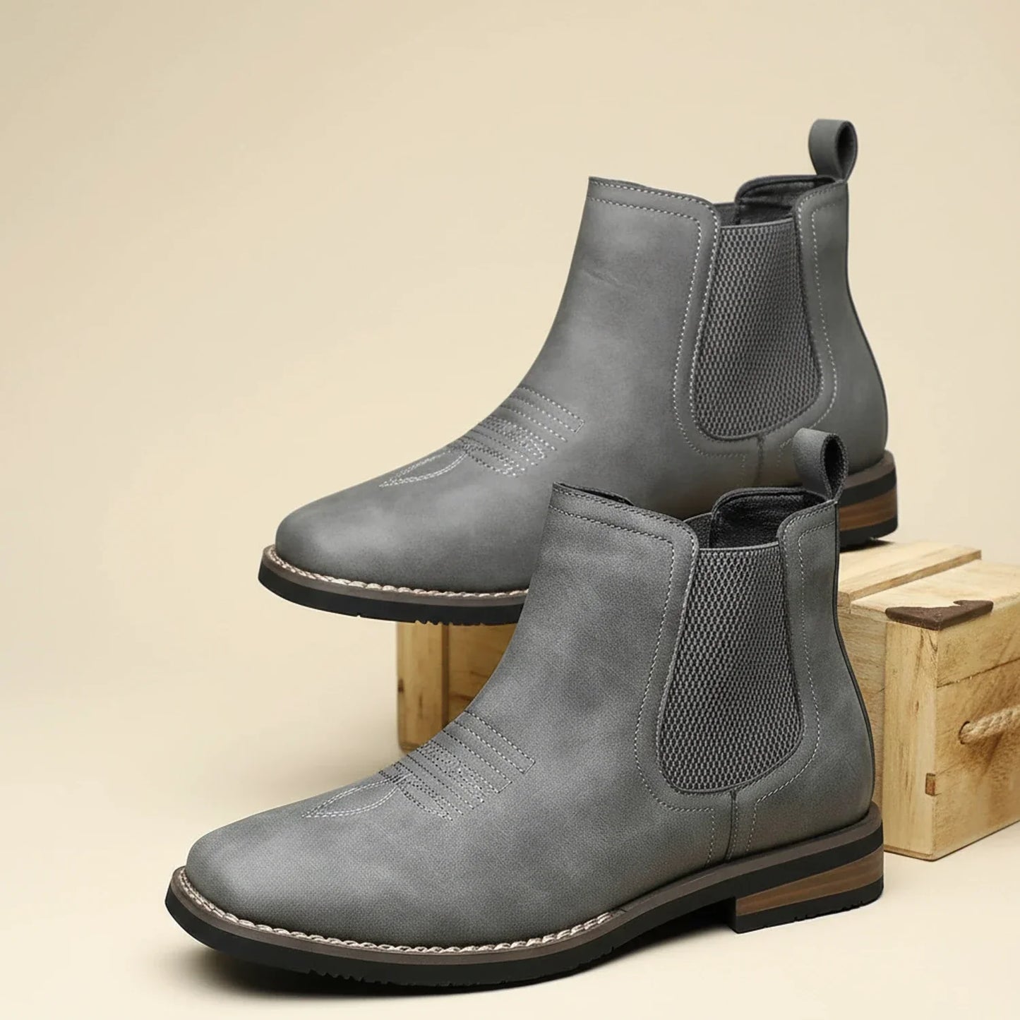 Men's brown premium leather Chelsea ankle boot western style with elastic goring side panels