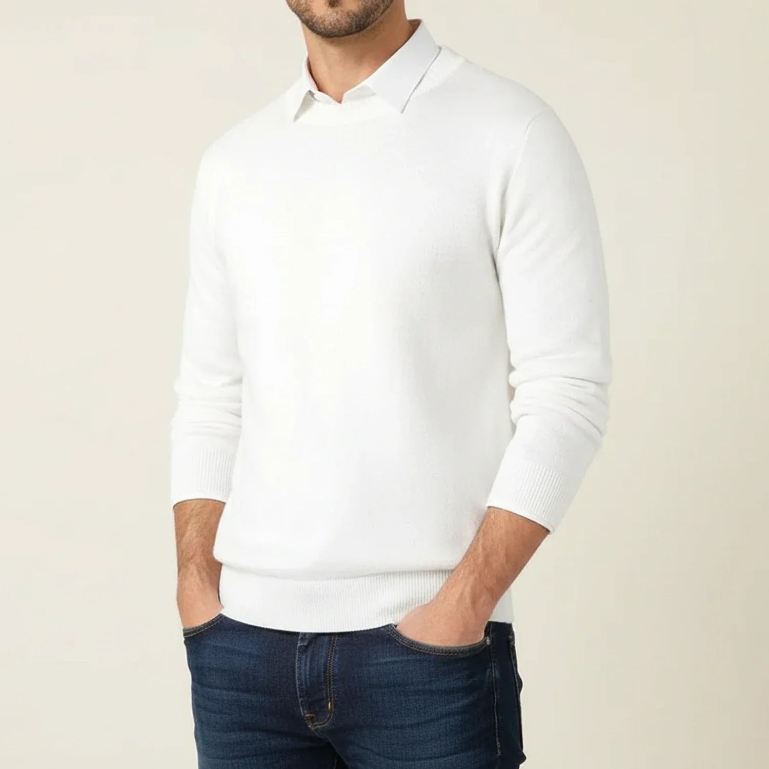 Men's regular fit crewneck sweater with ribbed cuffs and hem, casual versatile all-season style