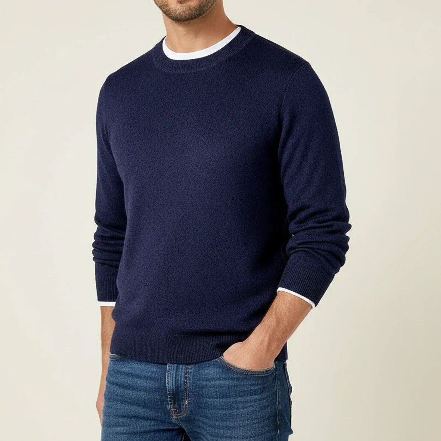 Men's regular fit crewneck sweater with ribbed cuffs and hem, casual versatile all-season style