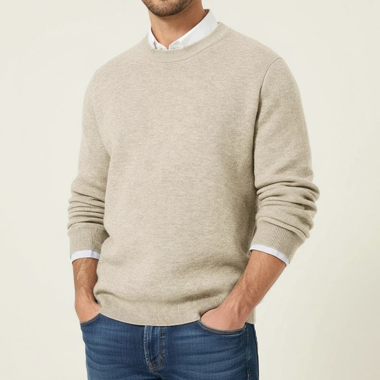 Men's regular fit crewneck sweater with ribbed cuffs and hem, versatile casual style for all seasons