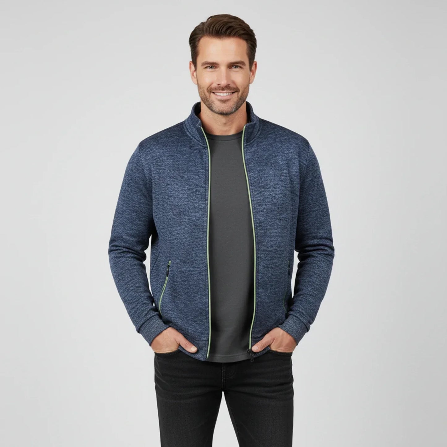 Men's olive green full-zip sweater jacket with stand collar and zippered side pockets for layering
