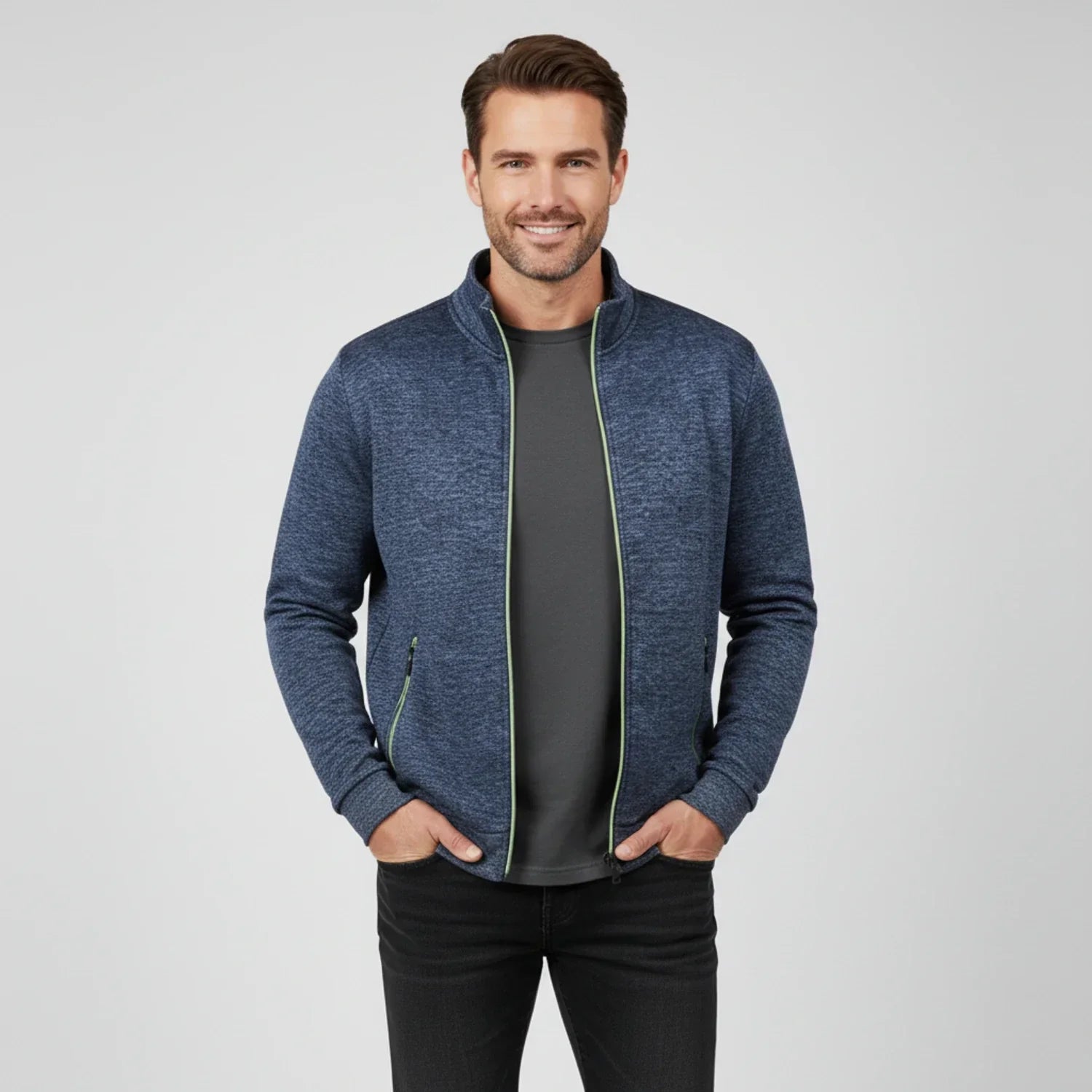 Men's olive green full-zip sweater jacket with stand collar and zippered side pockets for layering