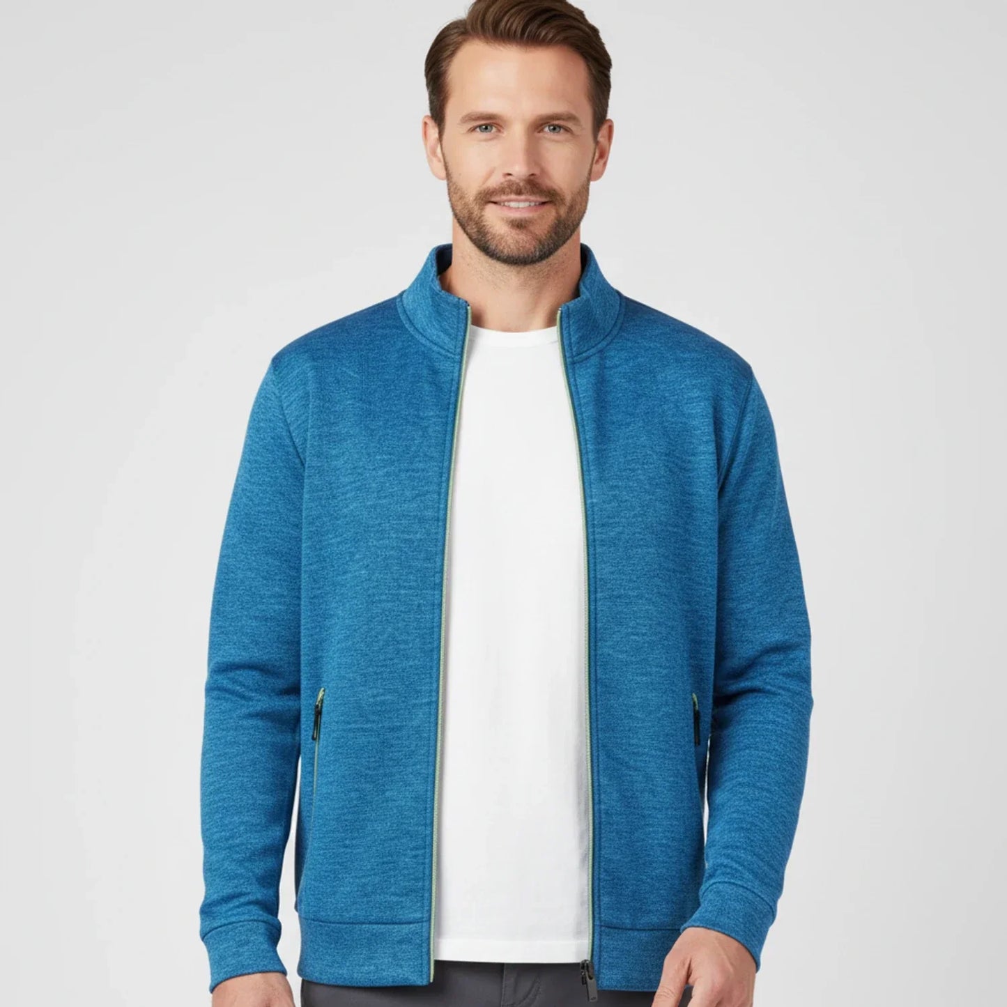 Men's olive green full-zip sweater jacket with stand collar and zippered pockets for layering