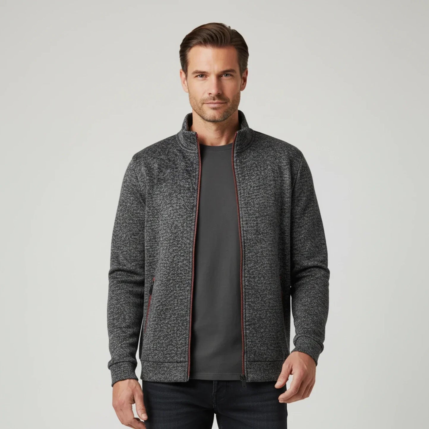 Men's olive green full-zip sweater jacket with stand collar and side zipper pockets for layering