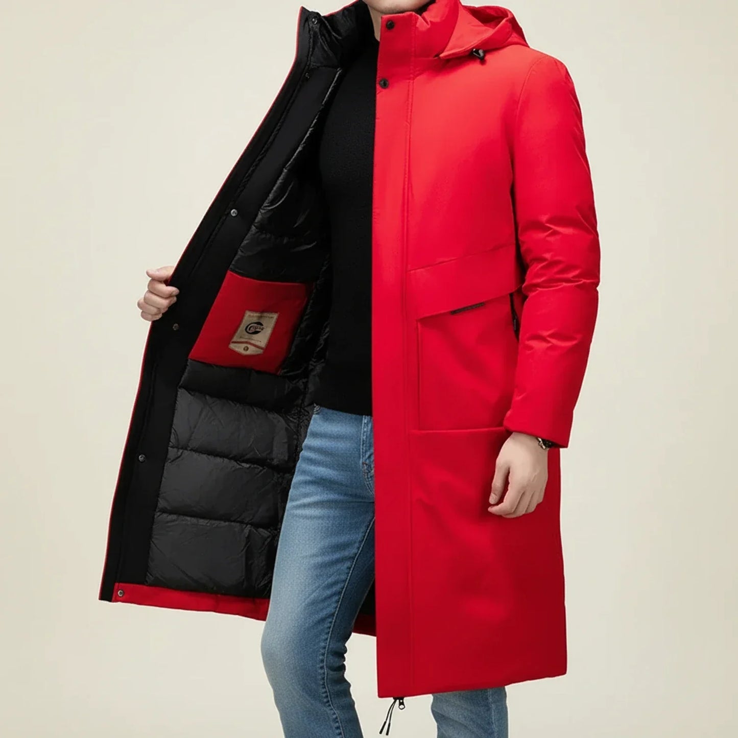 Men's long hooded insulated parka coat, padded slim fit design with wind-resistant integrated hood