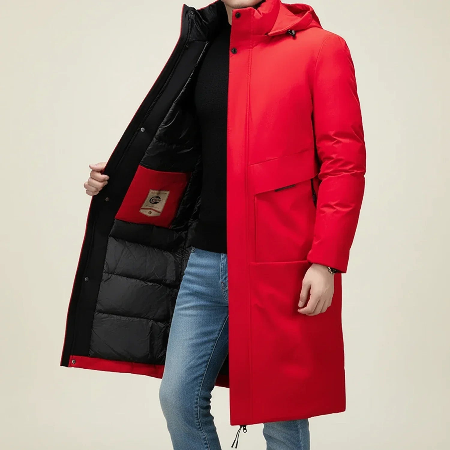 Men's long hooded insulated parka coat, padded slim fit design with wind-resistant integrated hood