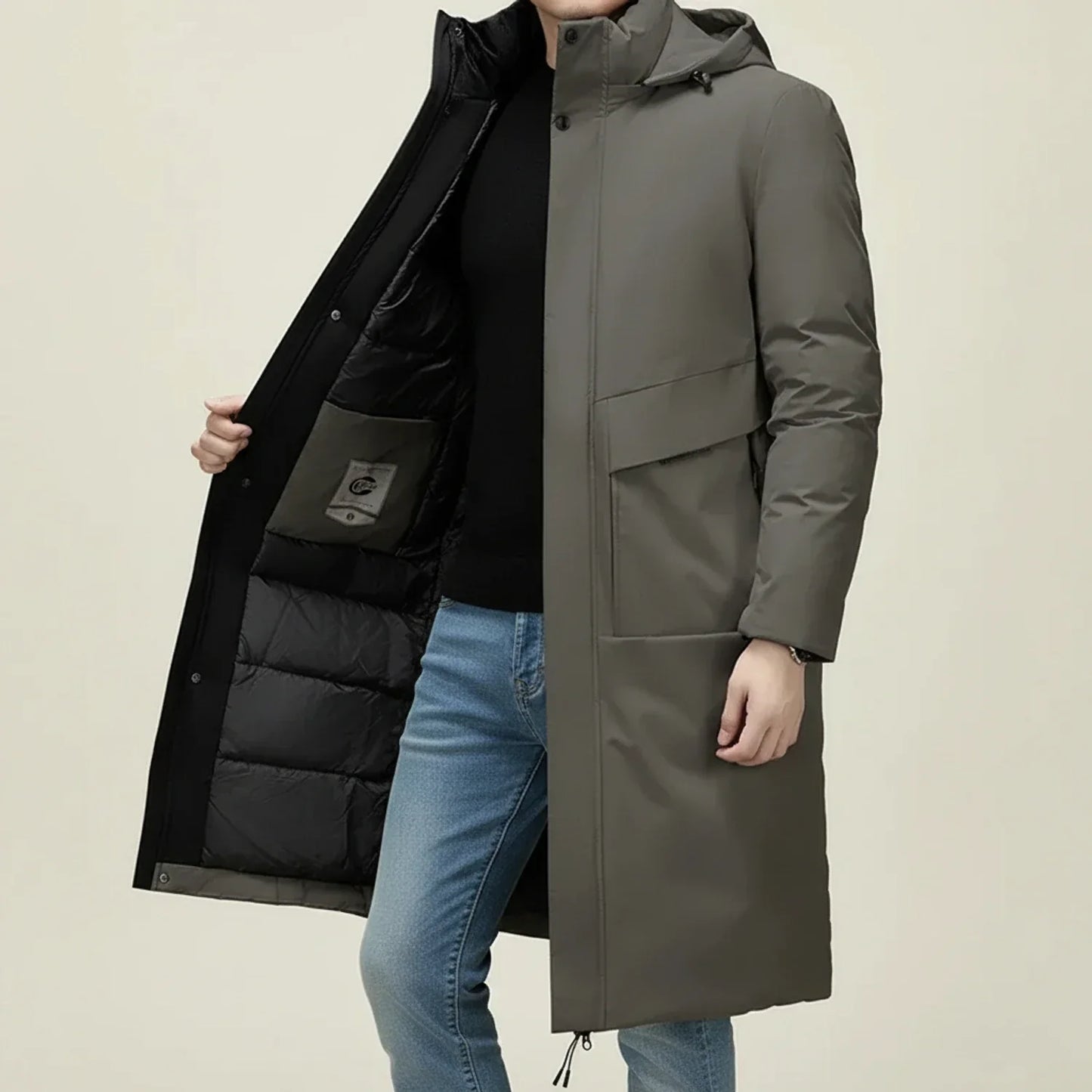 Men's long insulated hooded parka coat, sleek contemporary fit with wind-resistant integrated hood