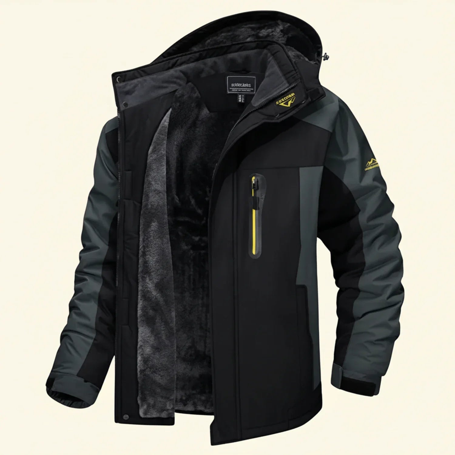 Men's color-block hooded fleece jacket full-zip waterproof winter coat for outdoor and urban wear