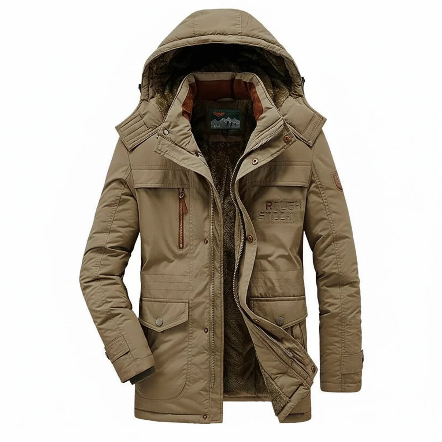 Men's mid-length hooded parka jacket military-inspired style full zip closure multiple pockets
