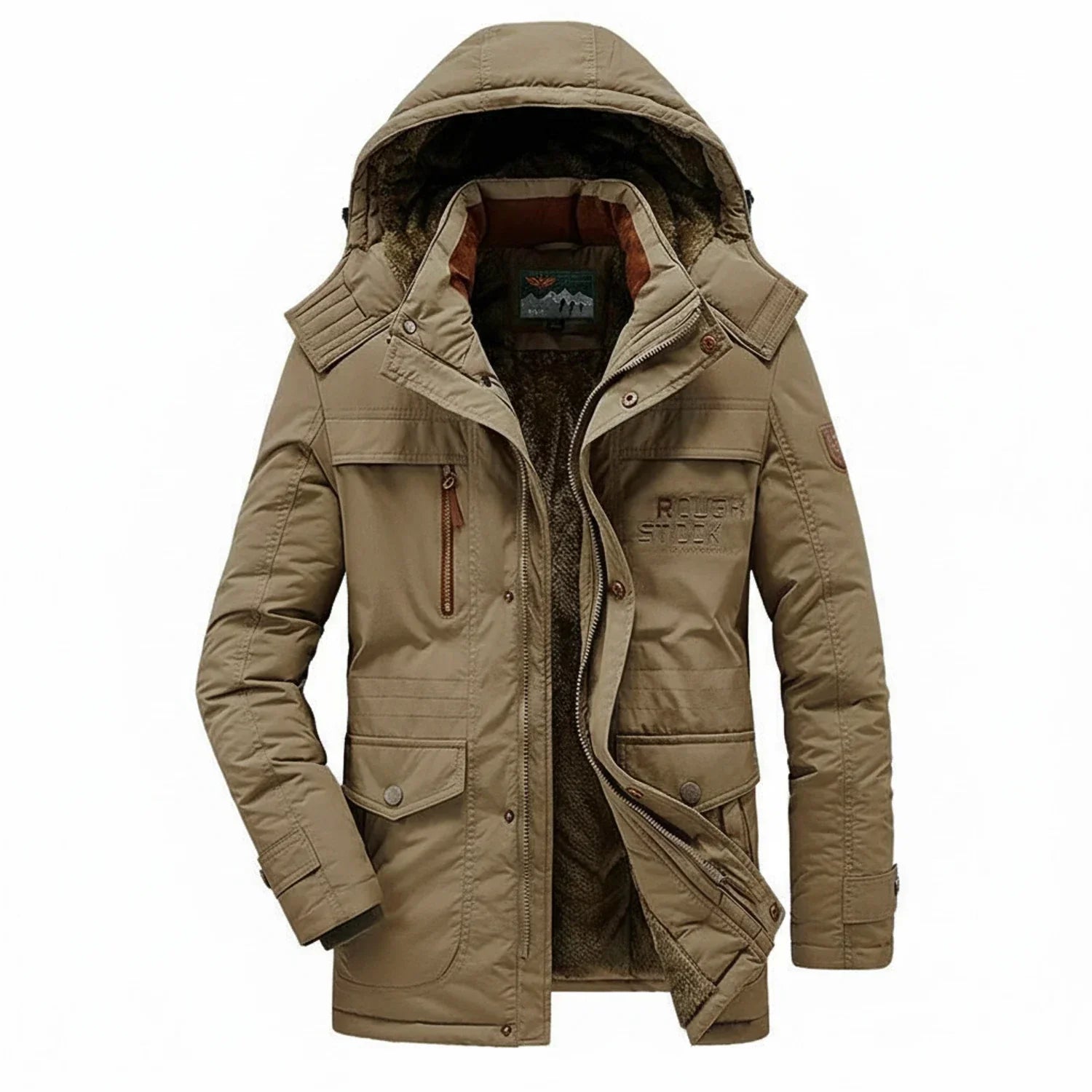 Men's mid-length hooded parka jacket military-inspired style full zip closure multiple pockets