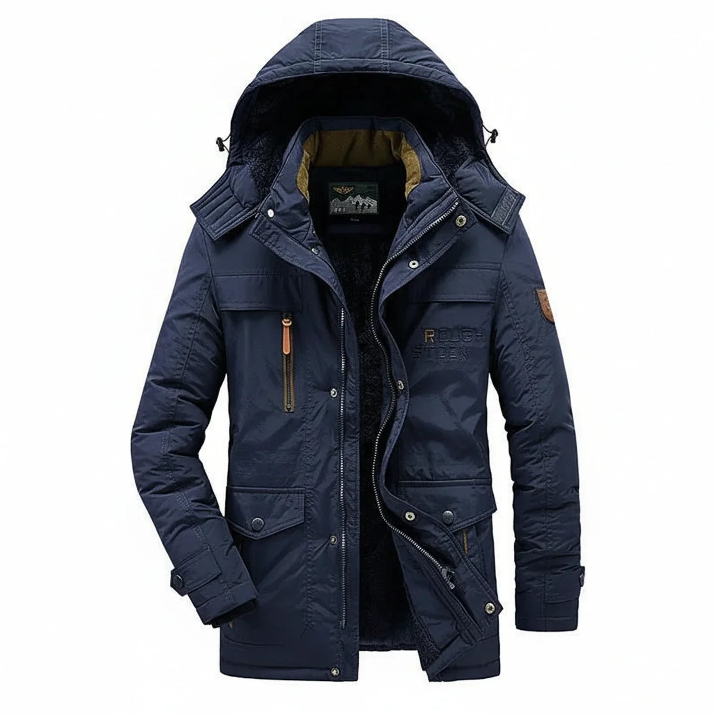 Men's mid-length hooded parka jacket military-inspired full zip multiple pockets winter outerwear
