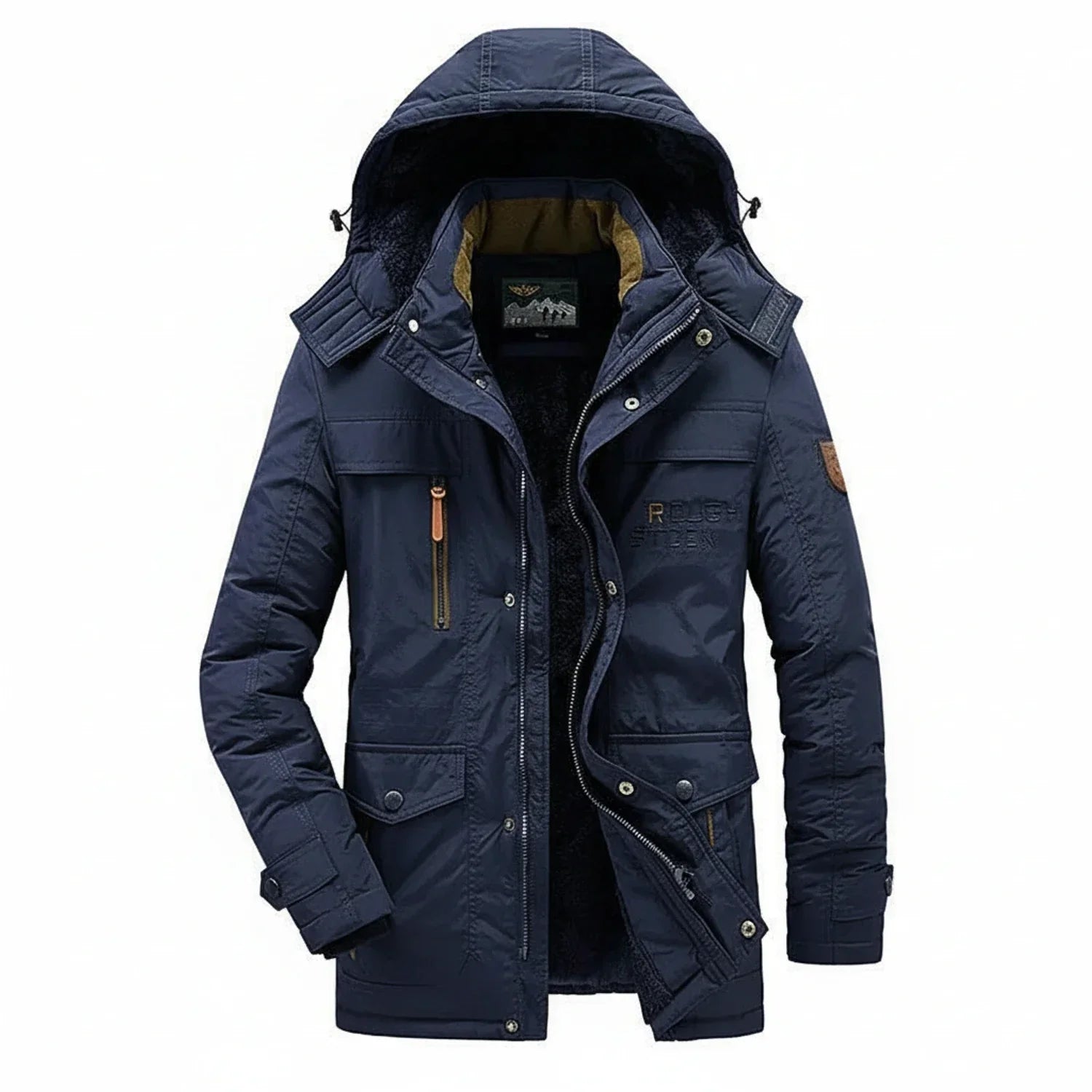 Men's mid-length hooded parka jacket military-inspired full zip multiple pockets winter outerwear