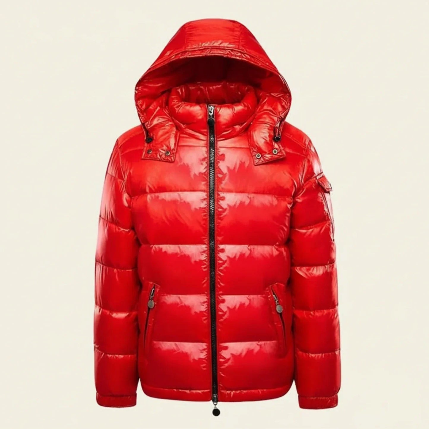 Men's glossy black hooded puffer jacket with quilted design, zip front, regular fit winter outerwear