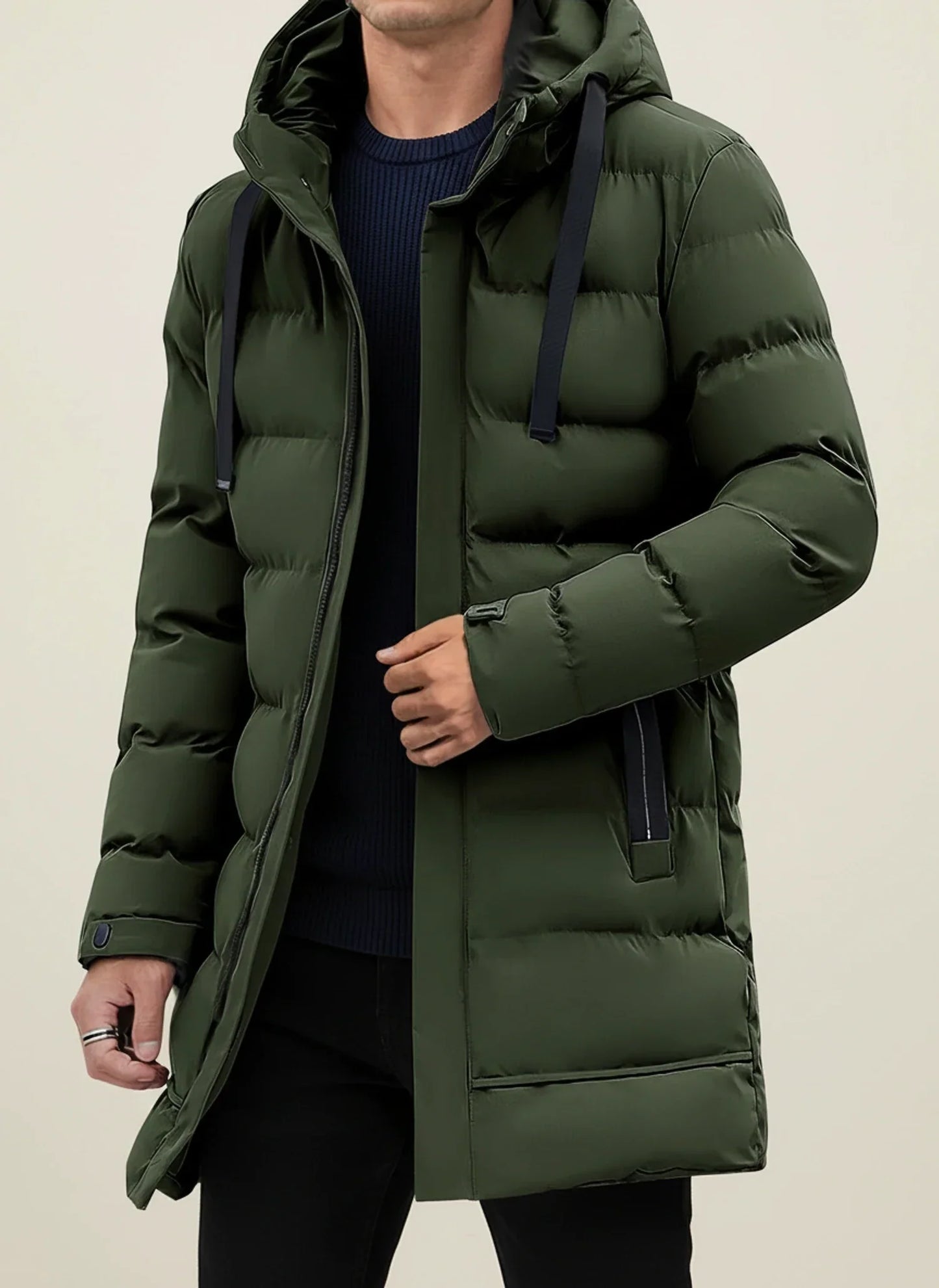 Men's black hooded longline puffer jacket insulated winter coat with zip front and adjustable cuffs
