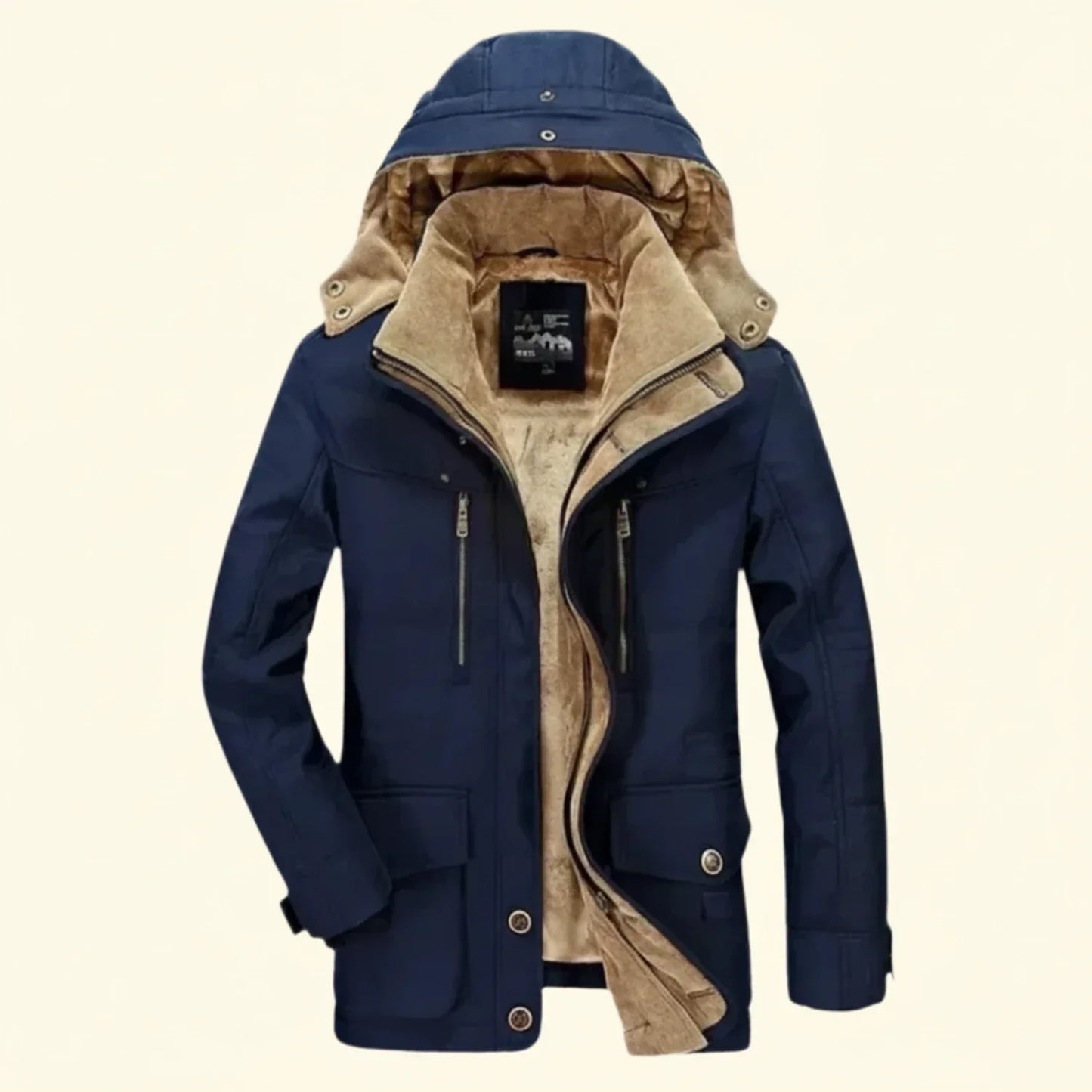 Men's hooded utility winter jacket weatherproof quilted shoulder detail multiple pockets rugged outerwear