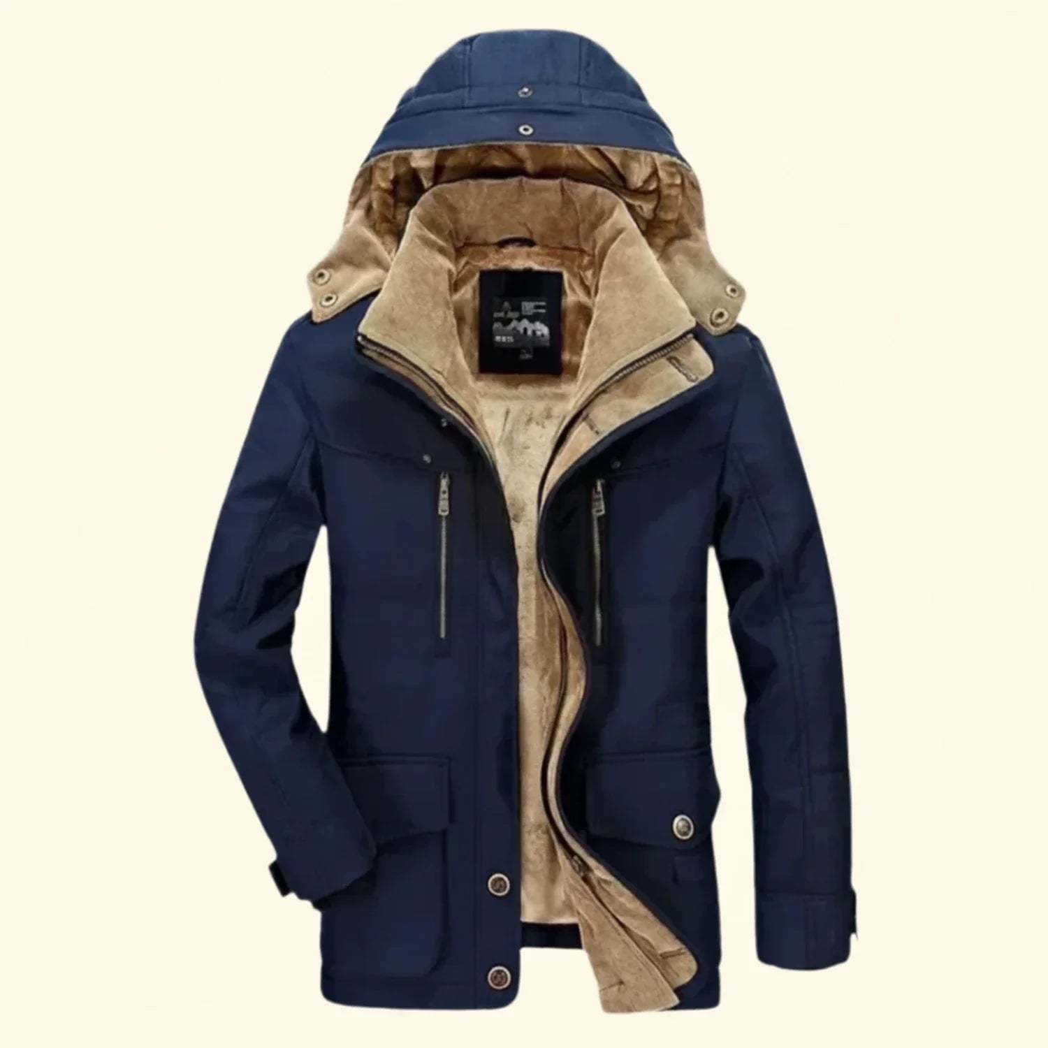 Men's hooded utility winter jacket weatherproof quilted shoulder detail multiple pockets rugged outerwear