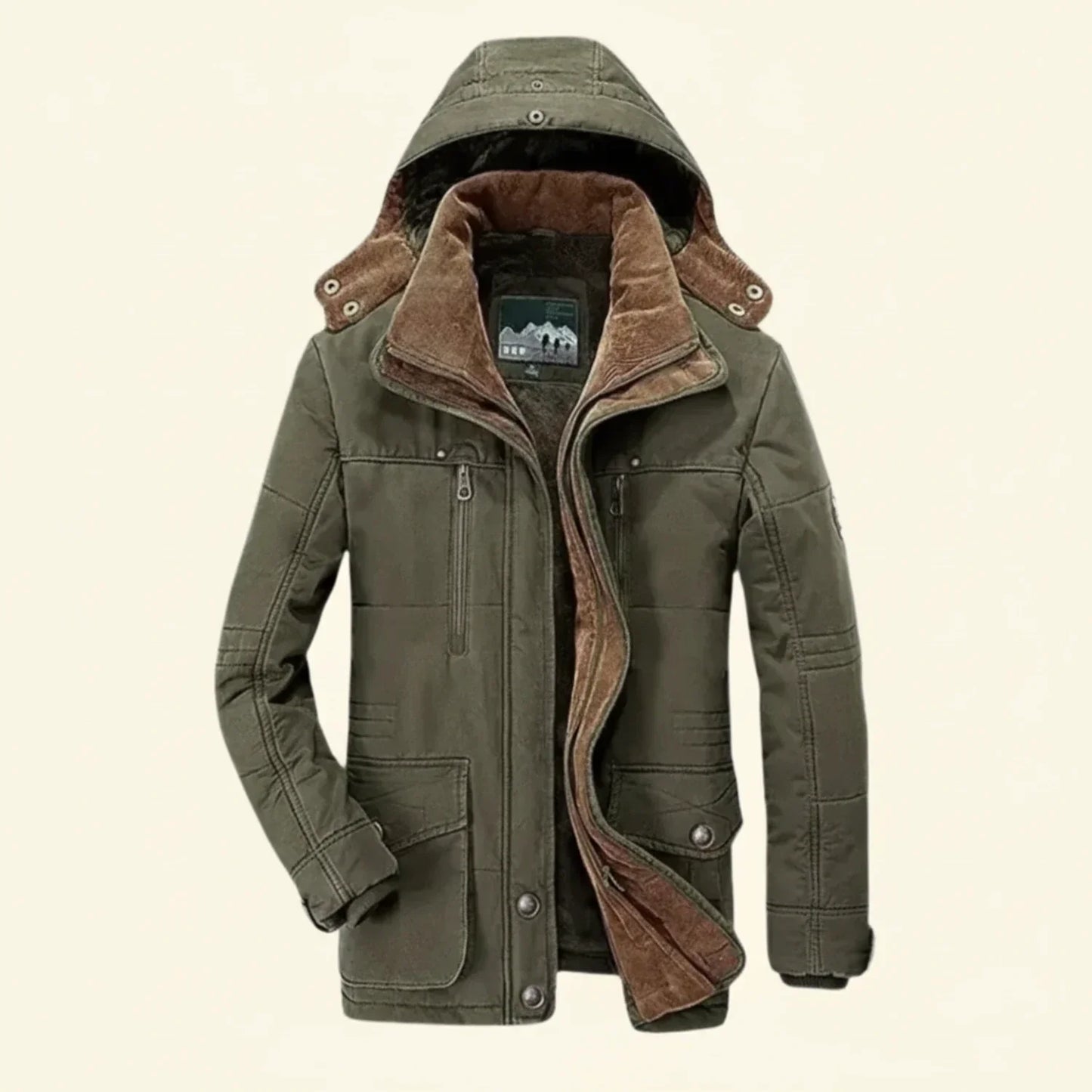 Men's hooded utility winter jacket weatherproof quilted shoulders multiple pockets rugged outdoor style