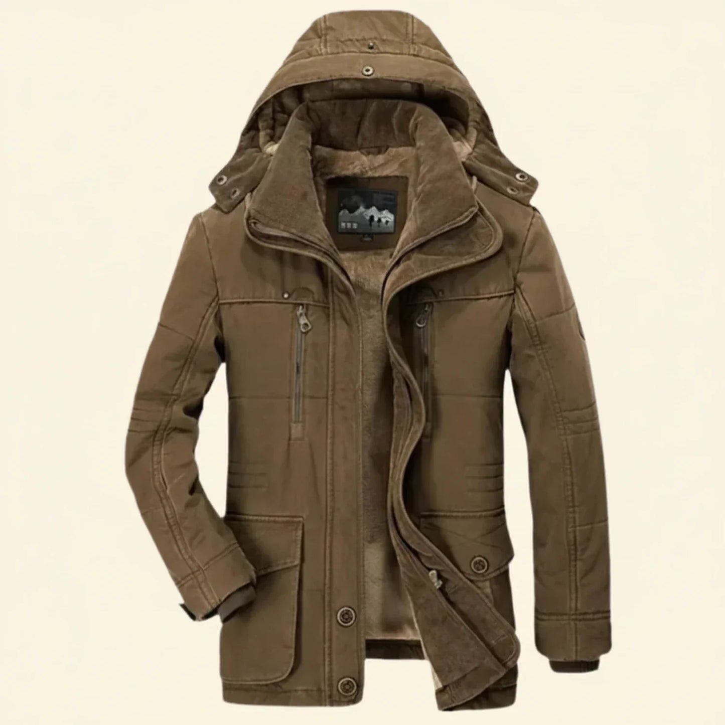 Men's hooded utility winter jacket weatherproof quilted shoulder detail multiple pockets rugged outerwear