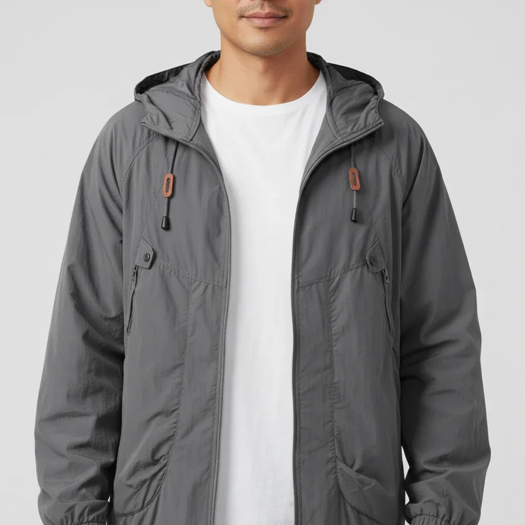 Men's lightweight hooded windbreaker jacket with zip closure and adjustable drawstring hood