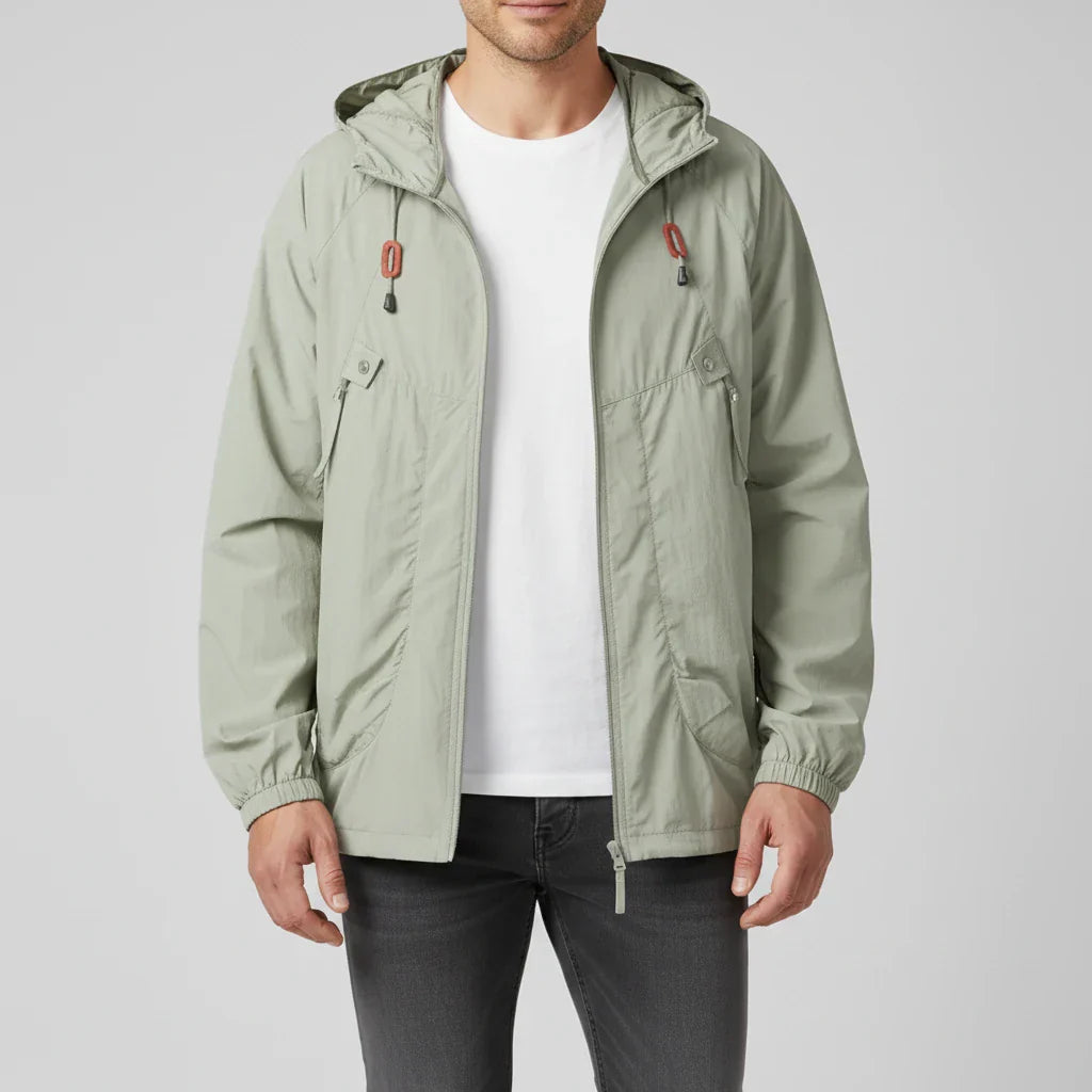 Men's lightweight hooded windbreaker jacket with zip closure and adjustable drawstring hood