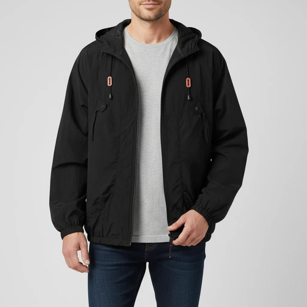 Men's lightweight hooded windbreaker jacket with zip closure and adjustable drawstring hood