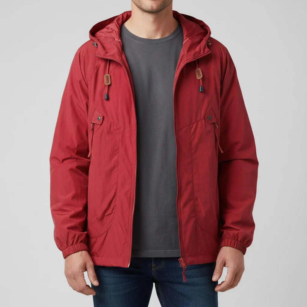 Men's lightweight windbreaker jacket with drawstring hood and full zip closure for wind protection