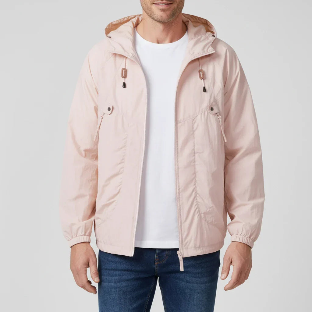 Men's lightweight windbreaker jacket with zip closure drawstring hood, slim fit, weather-resistant