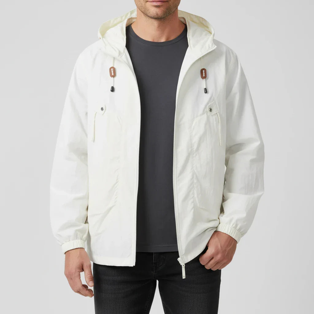 Men's lightweight hooded windbreaker jacket with zip closure and adjustable drawstring hood