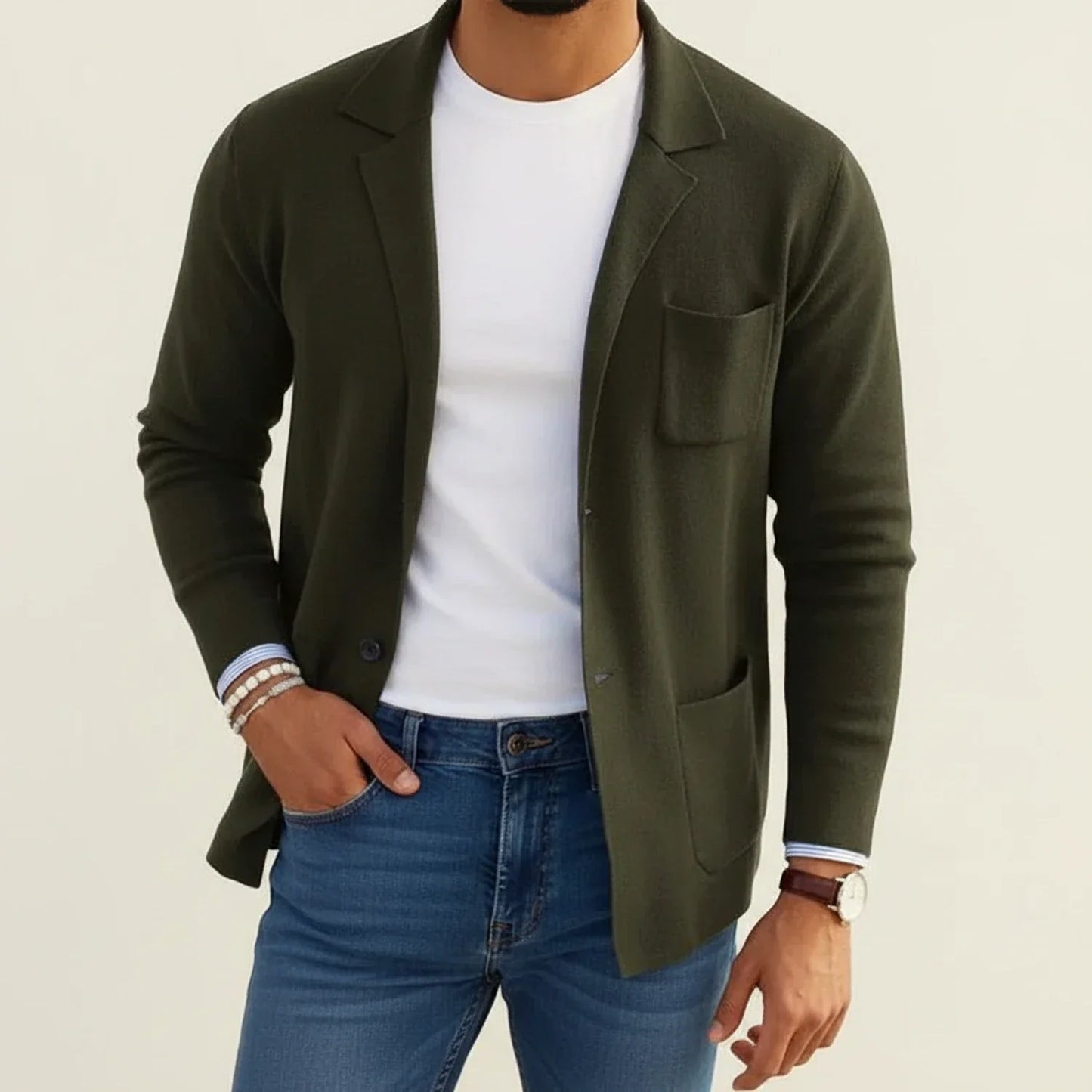 Men's slim fit knit blazer notch lapel patch pockets smart-casual versatile comfort modern wardrobe