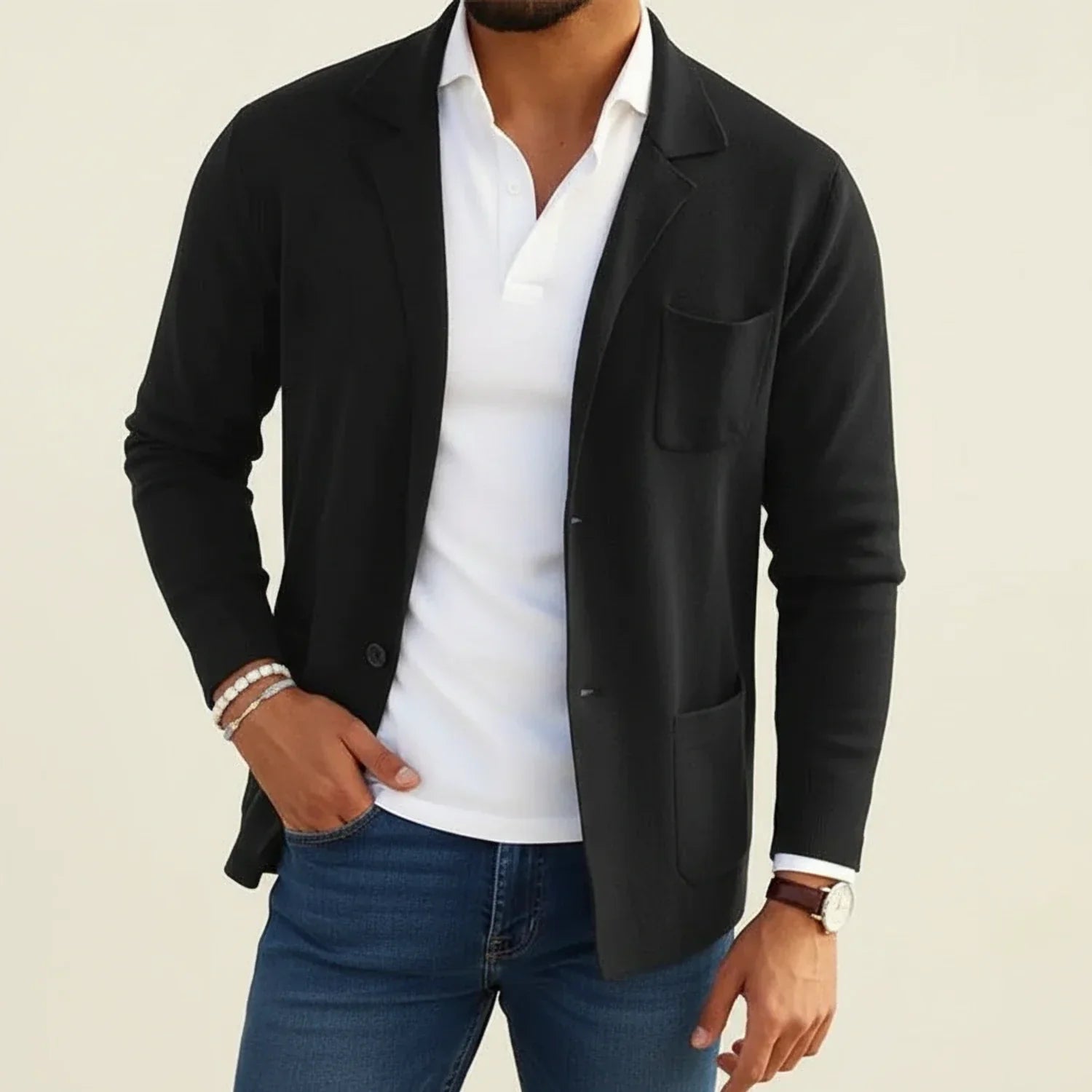 Men's slim fit knit blazer notch lapel patch pockets smart-casual versatile comfort