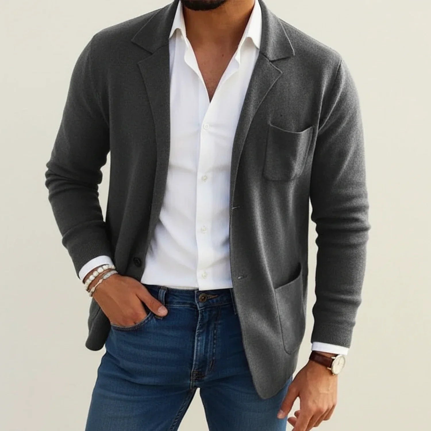 Men's slim fit knit blazer notch lapel patch pockets smart-casual versatile comfort modern wardrobe