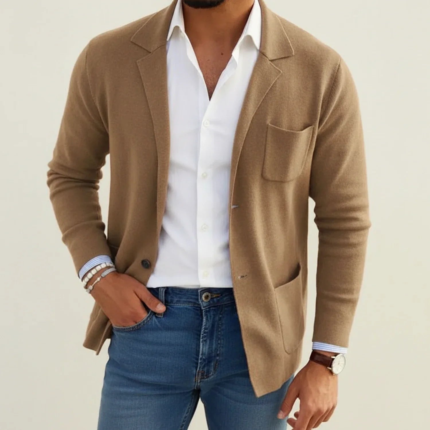 Men's slim fit knit blazer notch lapel patch pockets smart-casual versatile comfort modern wardrobe