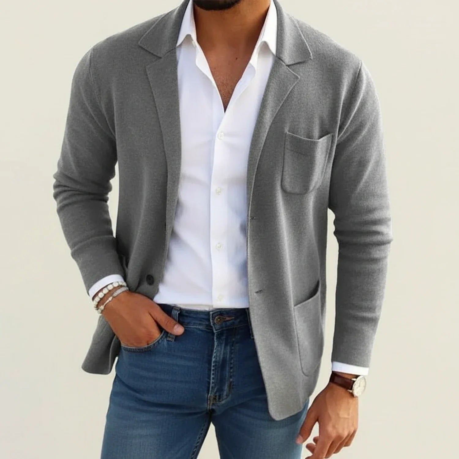 Men's slim fit knit blazer notch lapel patch pockets smart-casual versatile comfort modern wardrobe