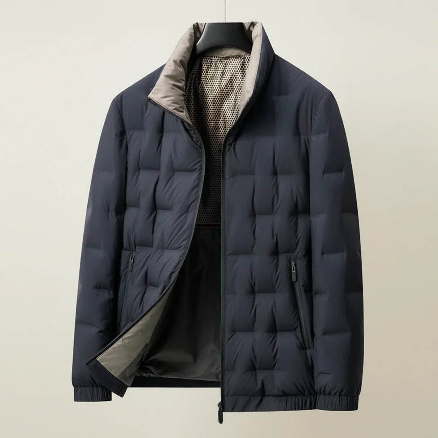 Men's lightweight black quilted puffer jacket with stand collar and zip pockets for everyday wear