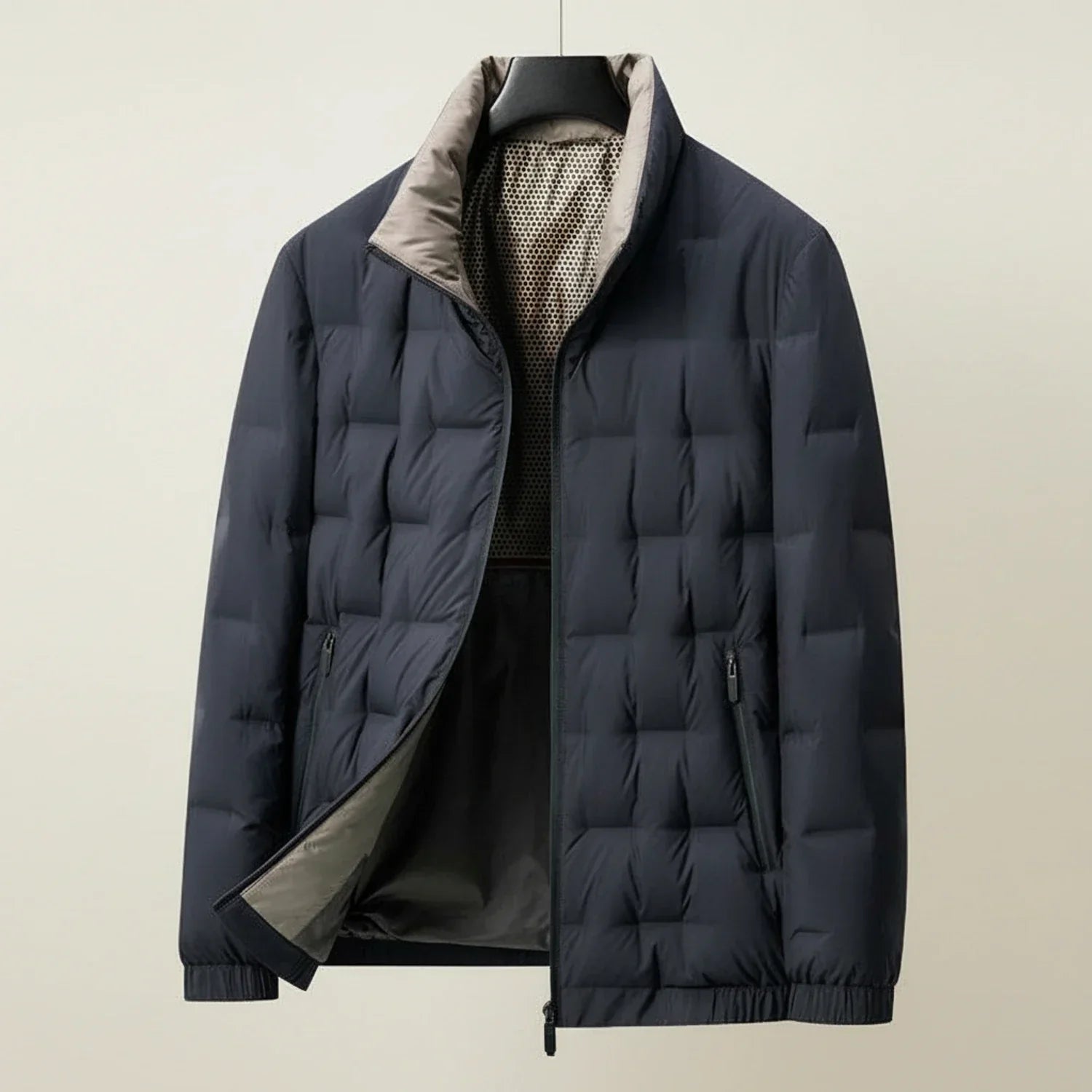 Men's lightweight black quilted puffer jacket with stand collar and zip pockets for everyday wear
